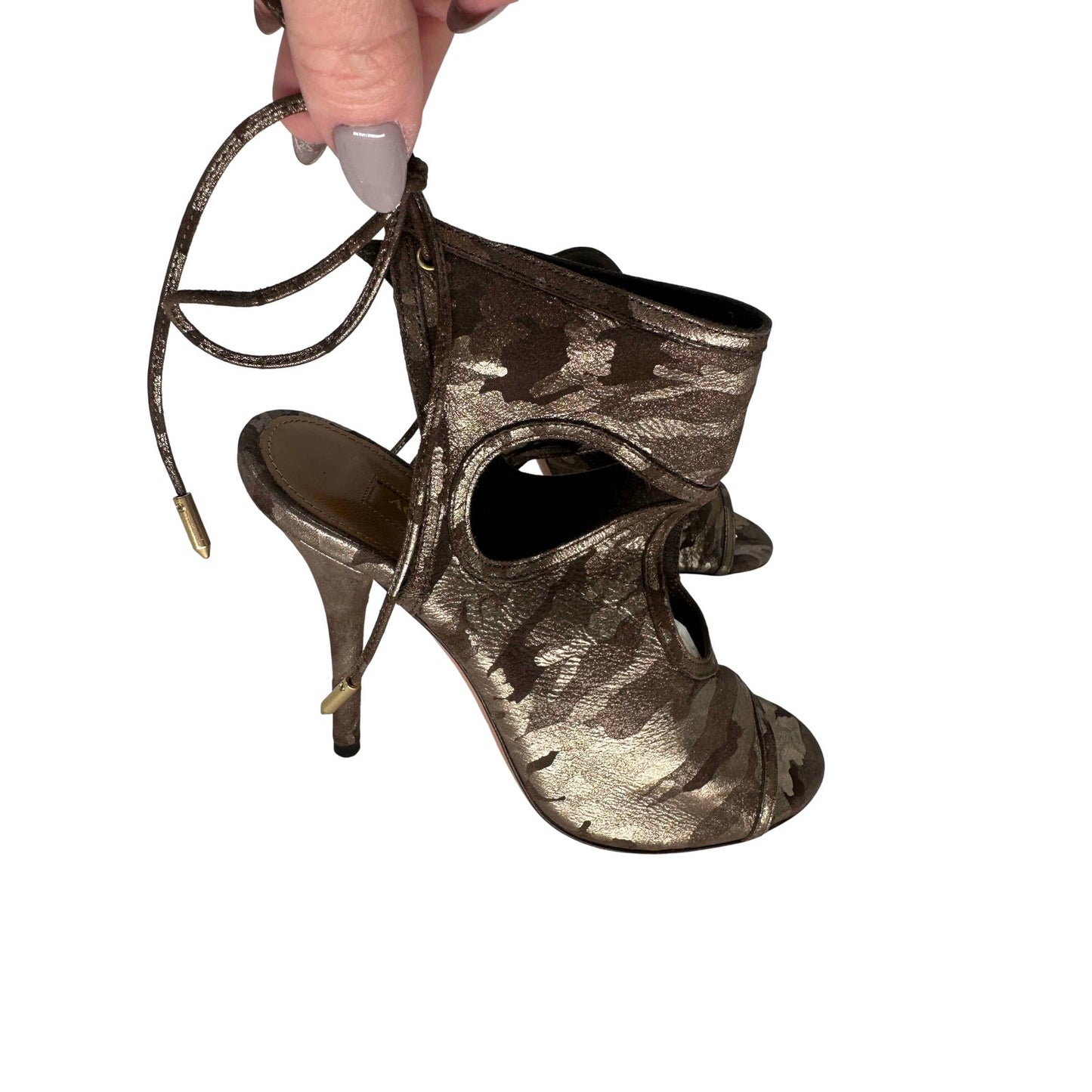 Aquazzura Sexy Thing 105 Metallic Camouflage Suede Cutout Sandal Women's Size 35