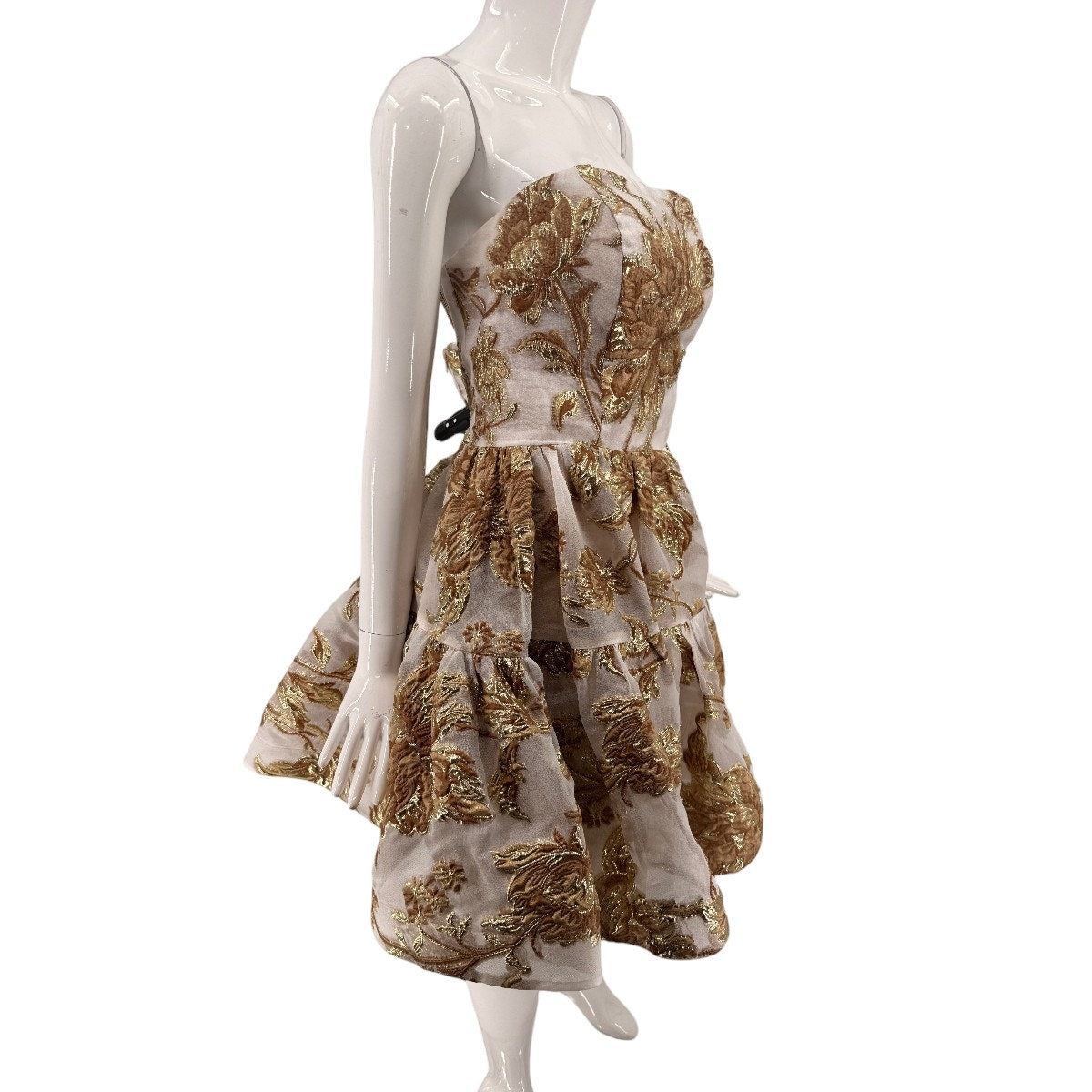 Mac Duggal Gold Floral Brocade Strapless Mini Dress Bronze Women's Size 12