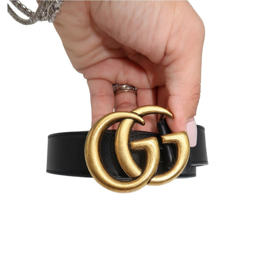 Gucci Leather Double G Marmont Gold Buckle Logo Leather Belt Black