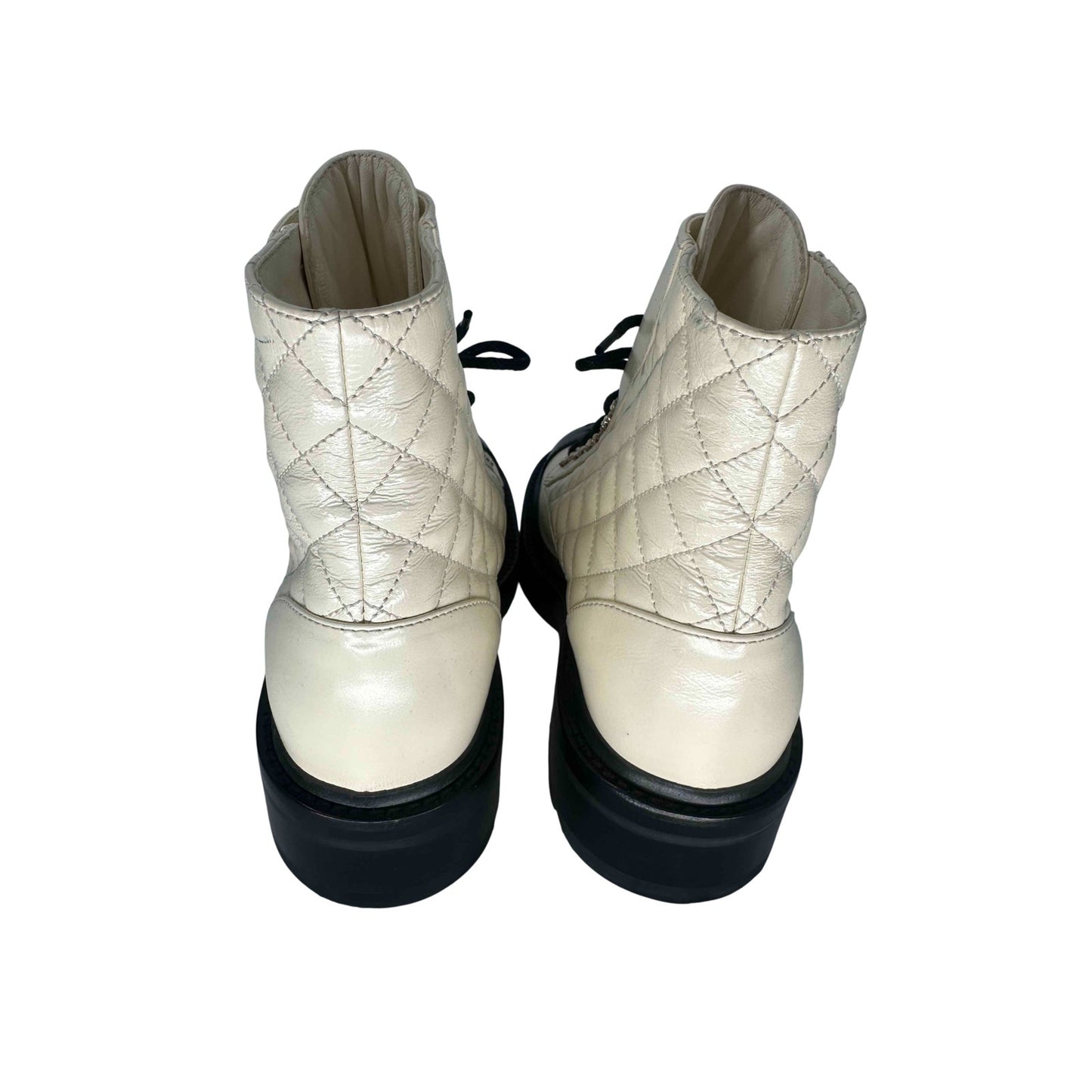 Chanel Leather Quilted CC Logo Lace Up Combat Boots