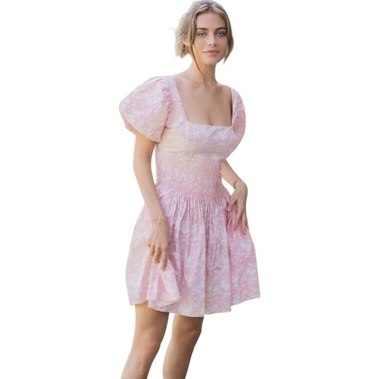 Krewe Du Q Patmos Pink Floral Print Square Neck Pleated A-Line Mini Dress Size L