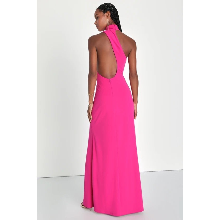 Lulus Keep It Interesting Asymmetrical Cutout Halter Maxi Dress Hot Pink