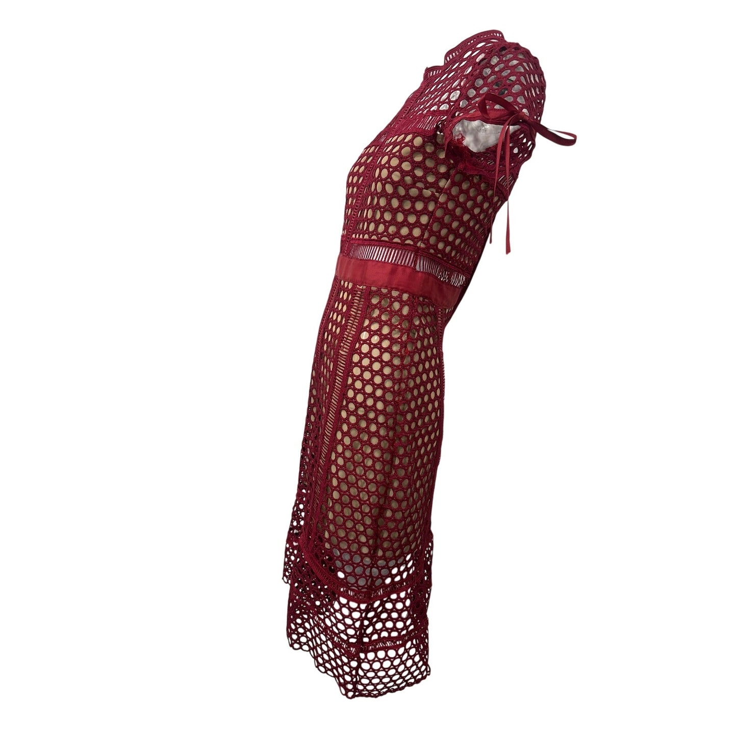 Self-Portrait Burgundy Lace Column Short Sleeve Midi Dress