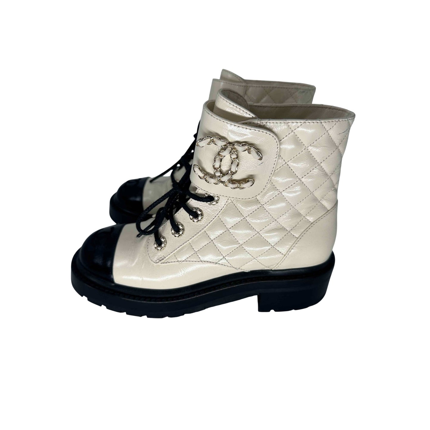 Chanel Leather Quilted CC Logo Lace Up Combat Boots