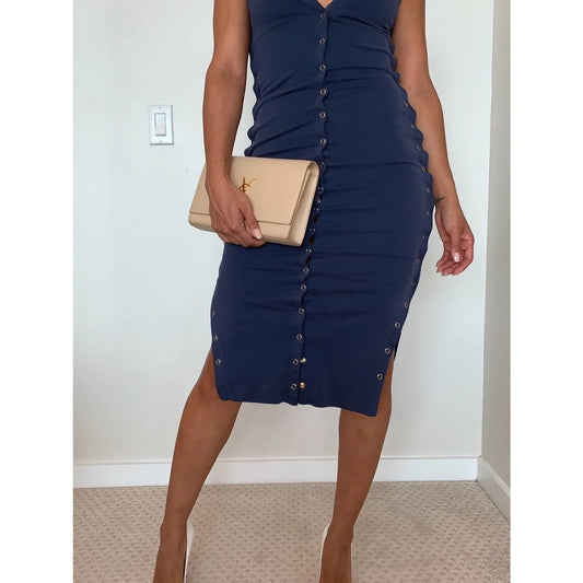 Sleeveless Navy V-Neck Eyelet-Trim Midi Dress Size 2