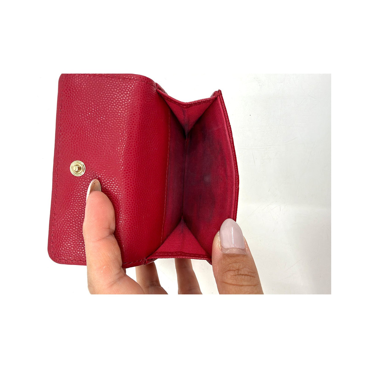 Chanel Red Caviar Quilted Compact Flap Wallet Crystal CC Gold Hardware