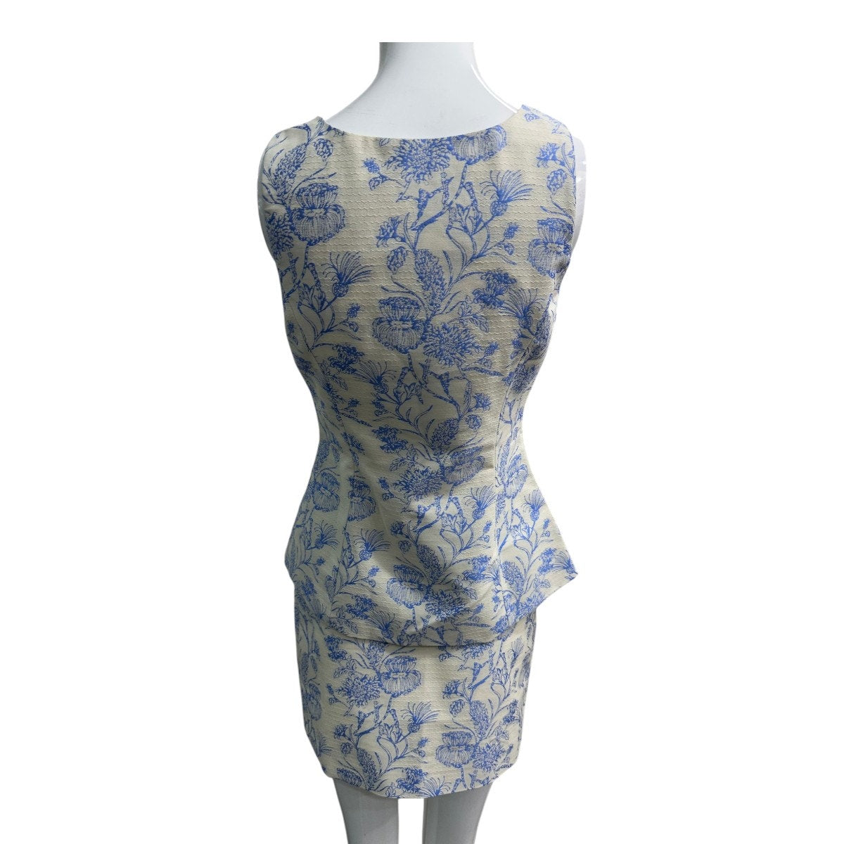 Commense Blue White Floral Jacquard Sleeveless Peplum Skirt Set