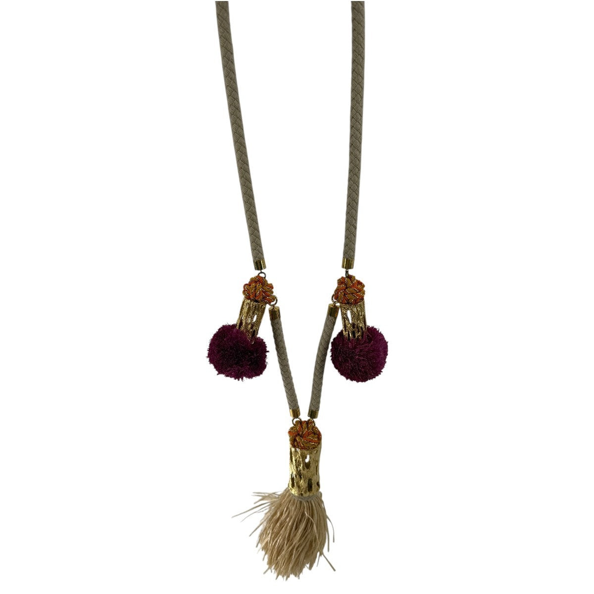 Tory Burch Beige Rope Tassel Statement Necklace Gold Tone Pom Pom