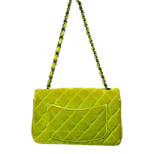 Chanel Velvet Quilted Interlocking CC Classic Flap Small Shoulder Bag Green