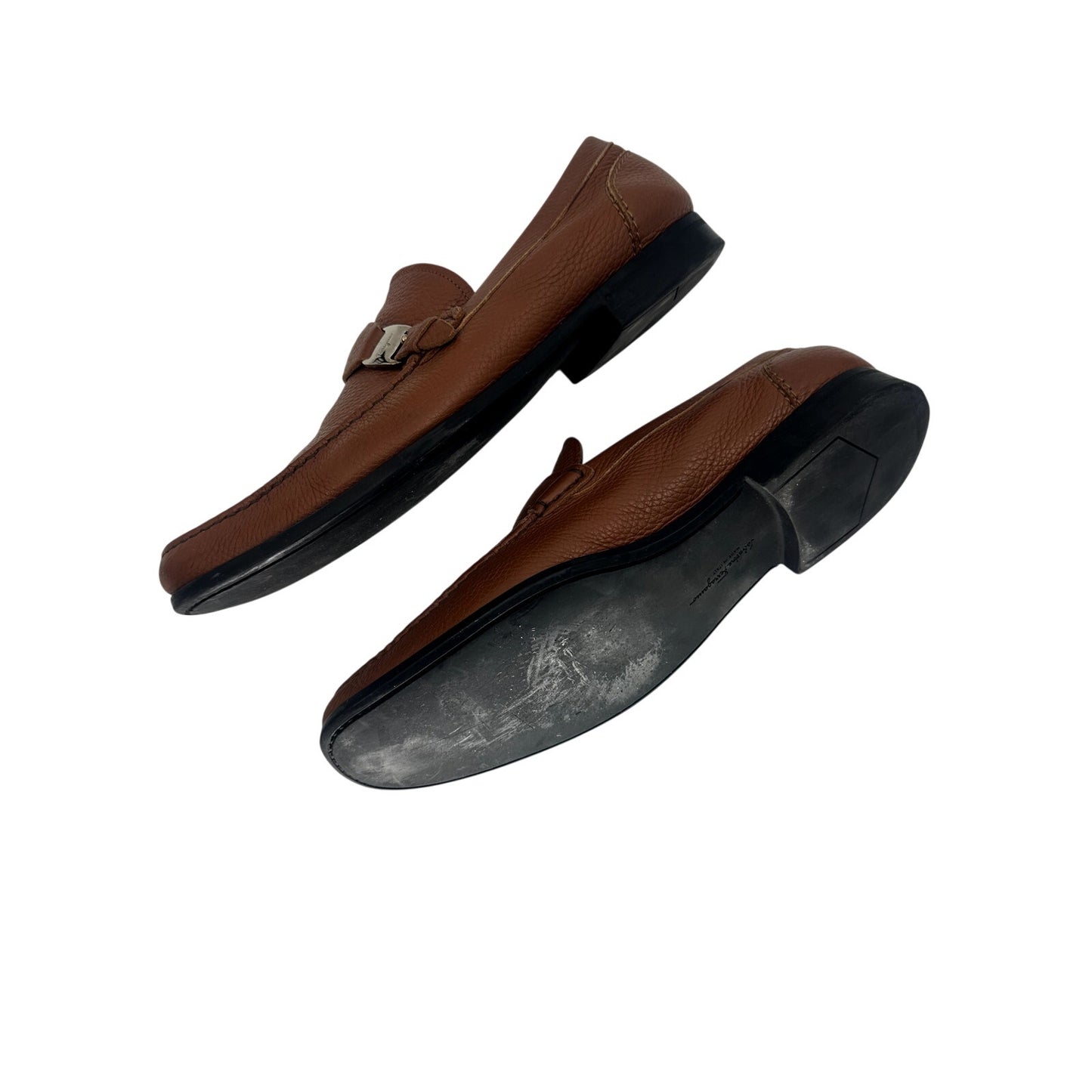 Salvatore Ferragamo Gancini Pebbled Leather Loafers Brown Men's Size 12 D