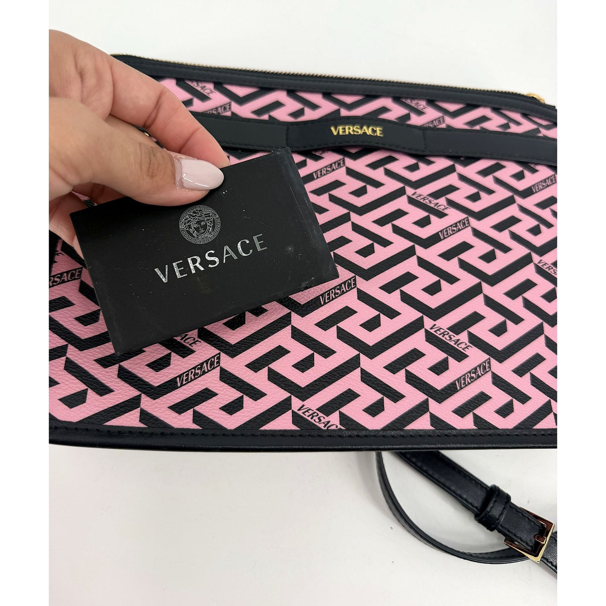 Versace La Greca Pink Black Zip Crossbody Clutch Leather Strap Gold Italy