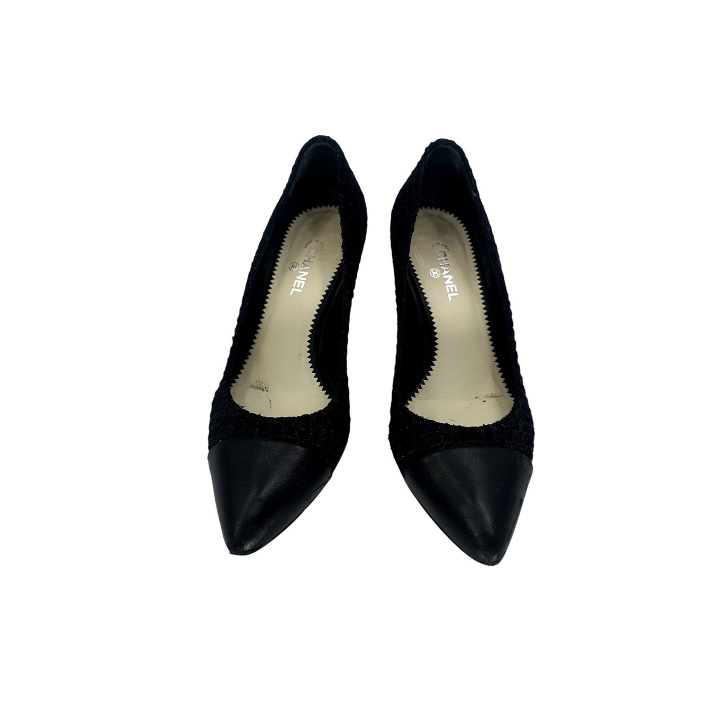 Chanel Tweed Pointed Cap Toe Pumps Heels