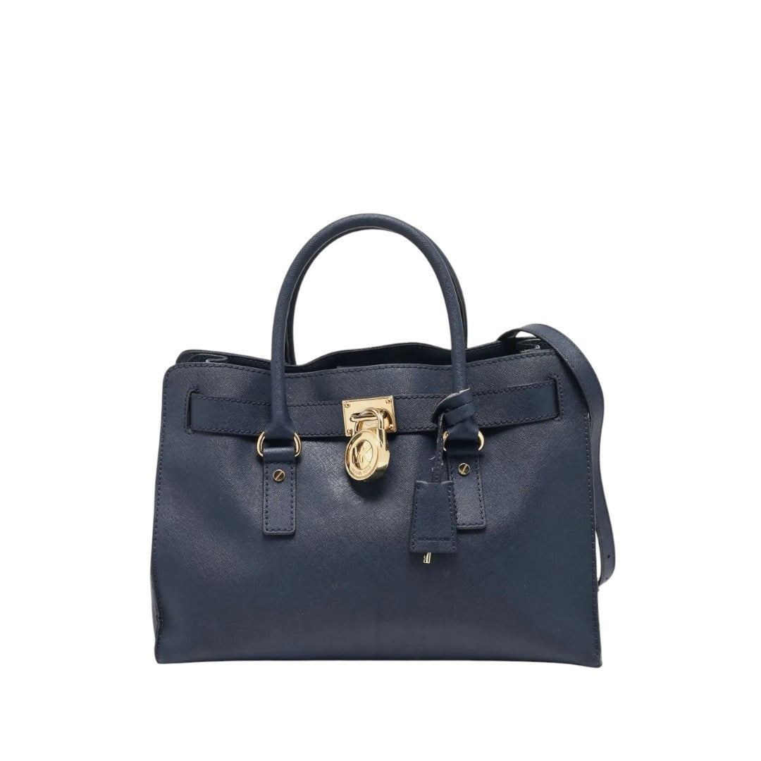 Michael Kors Navy Blue Saffiano Leather Locket Logo Hamilton Large Tote Bag