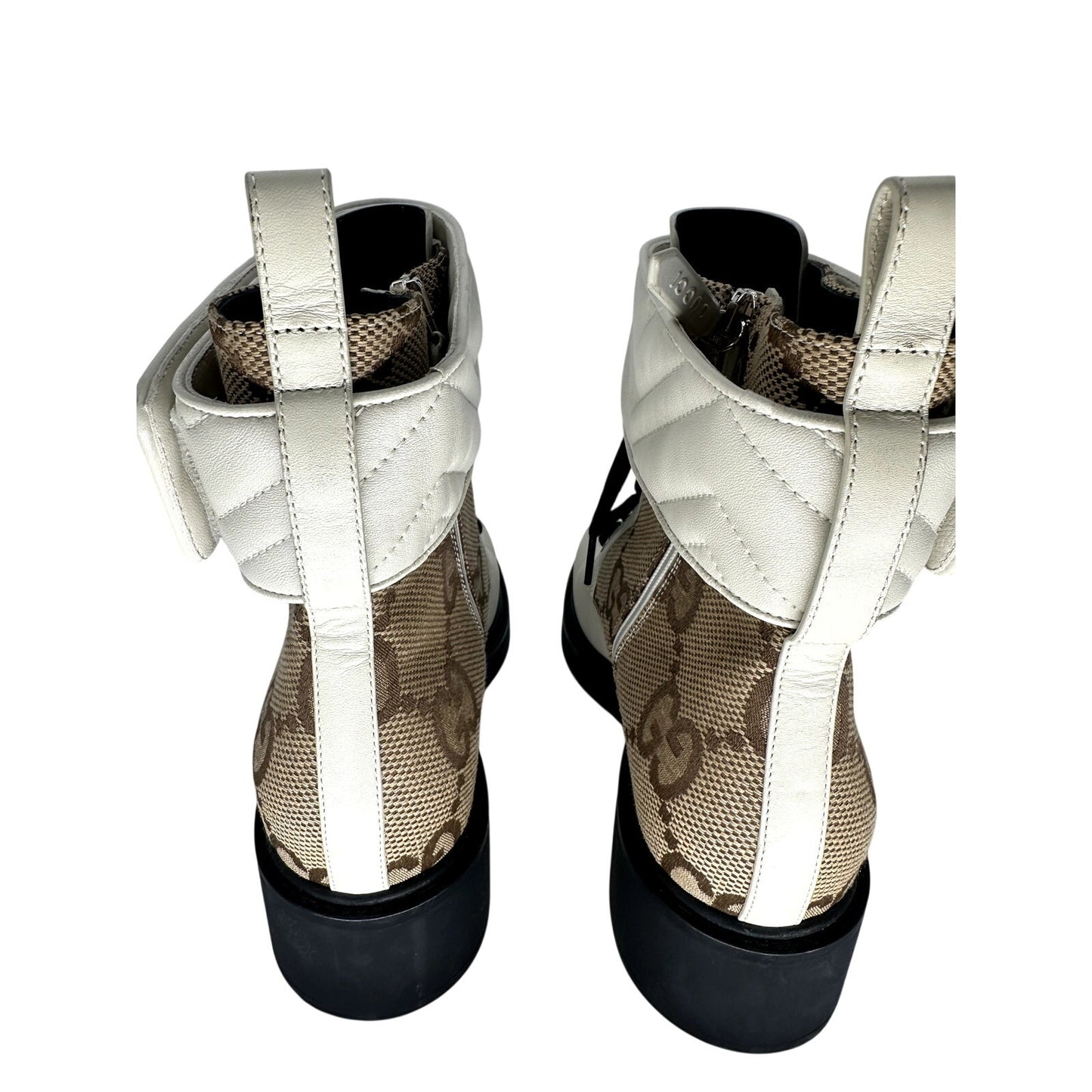 Gucci Leather GG Canvas Logo Plaque Ankle Combat Boots