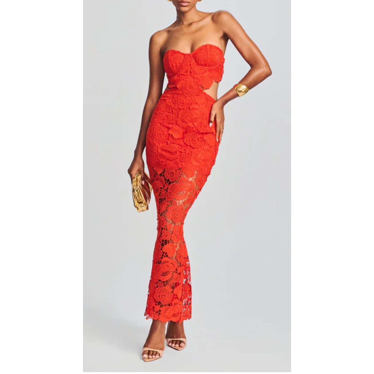 Retrofête Eliza Strapless Floral Lace Bodycon Maxi Dress in Orange, Women’s Size S