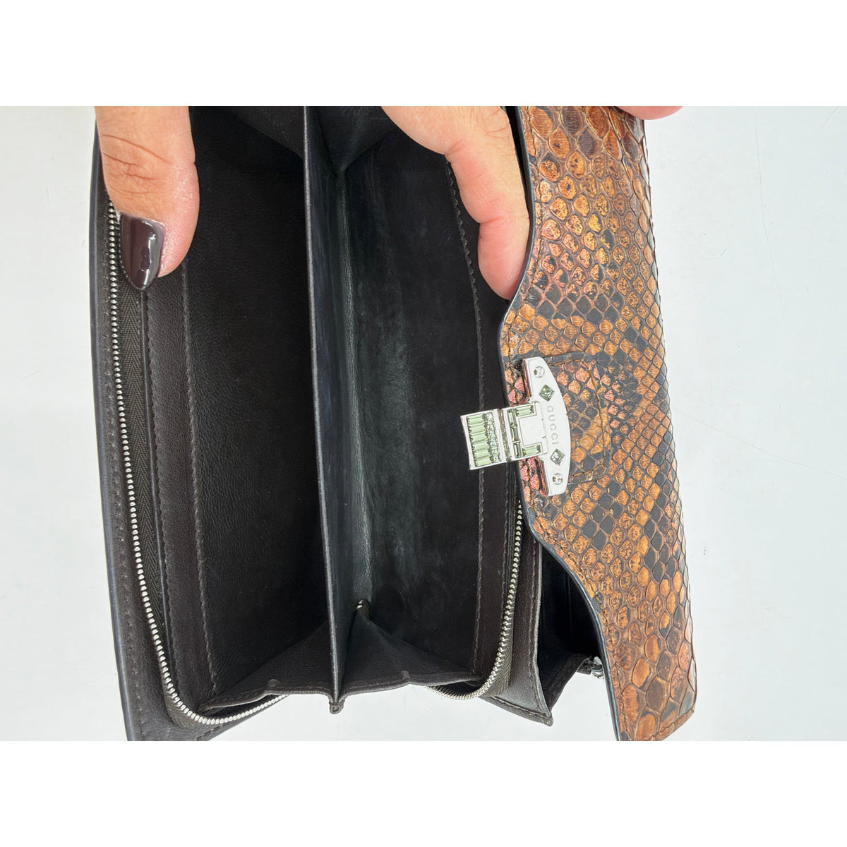 Gucci Python Snakeskin Flap Wallet Brown Silver Turnlock