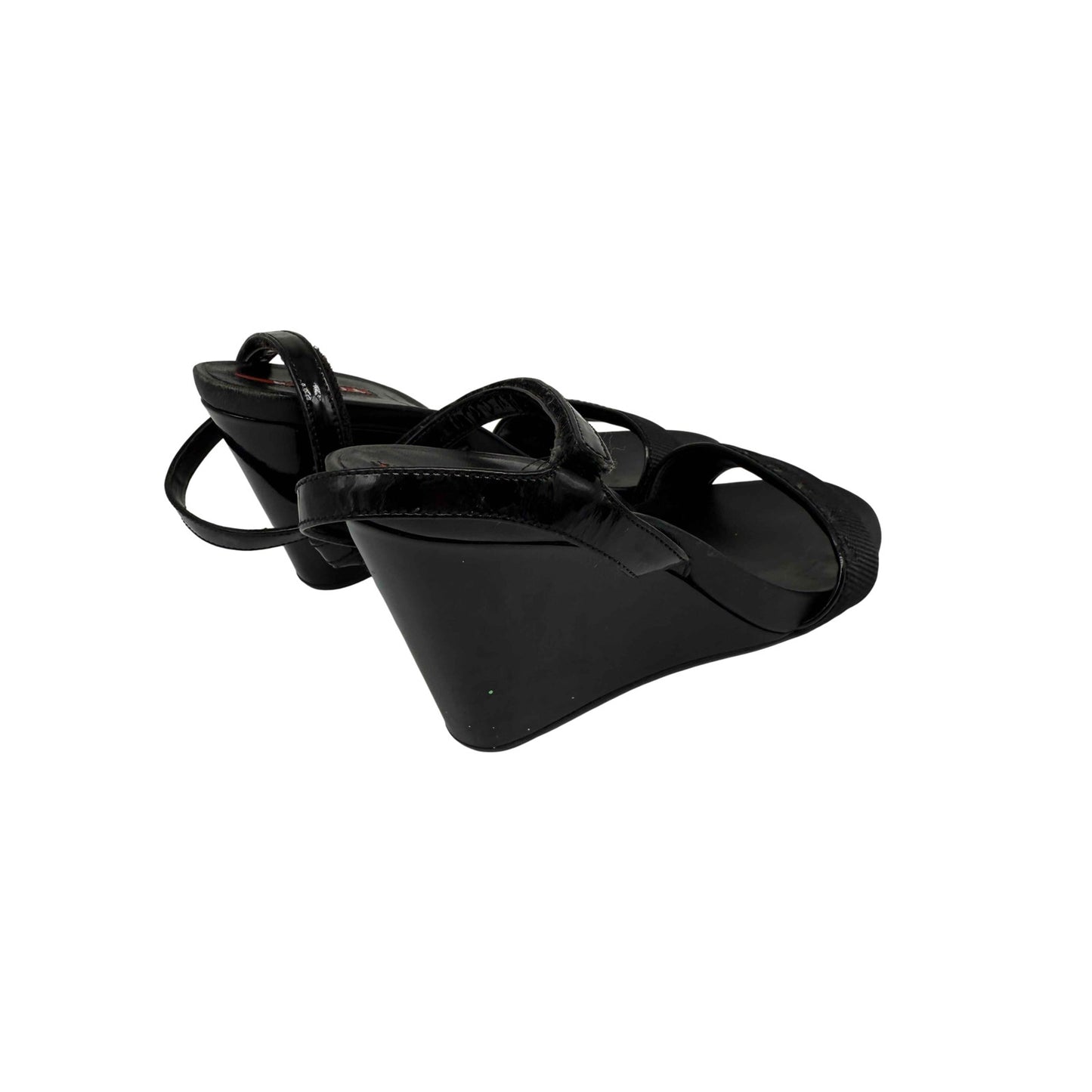 Prada Patent Leather Open Toe Ankle Strap Wedge Sandals