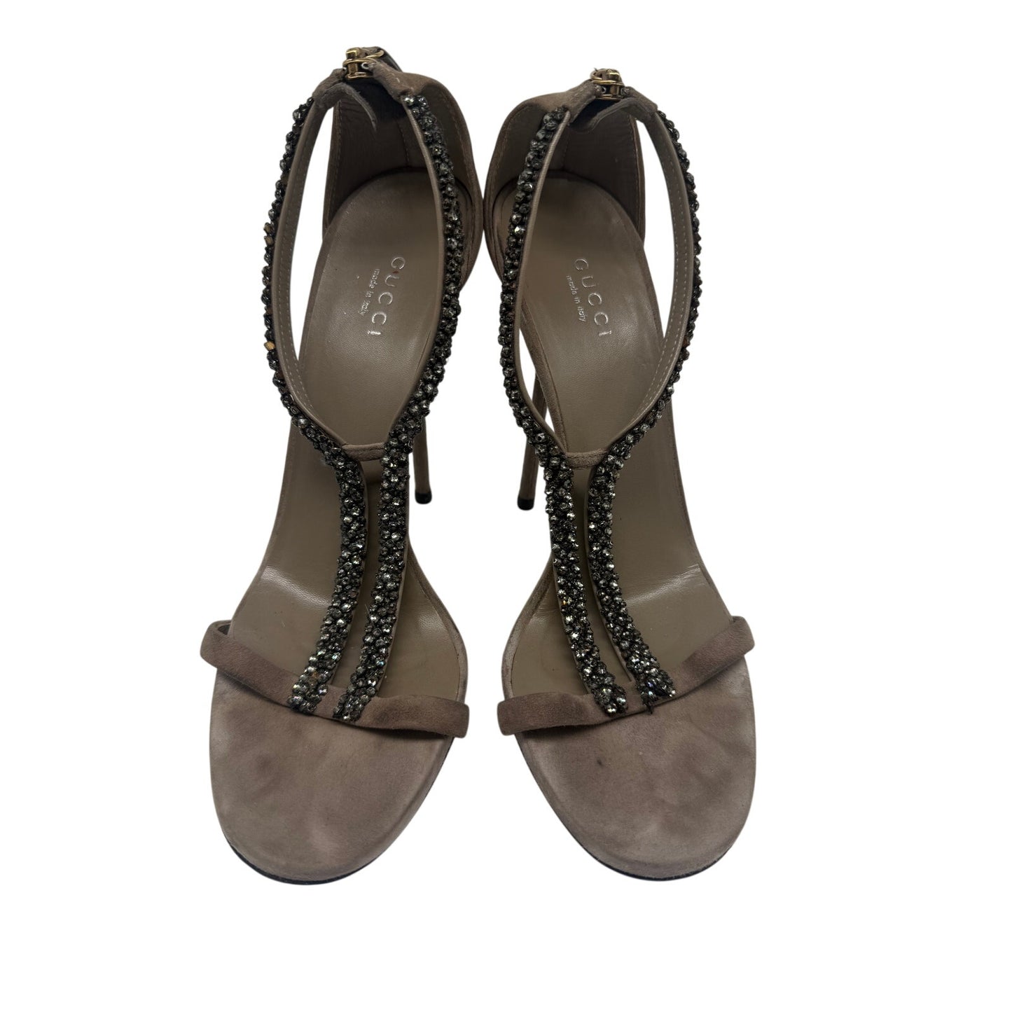 Gucci Suede Crystal Embellishments Naomi T-Strap Sandals