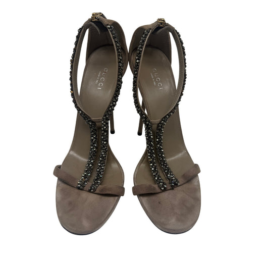 Gucci Suede Crystal Embellishments Naomi T-Strap Sandals