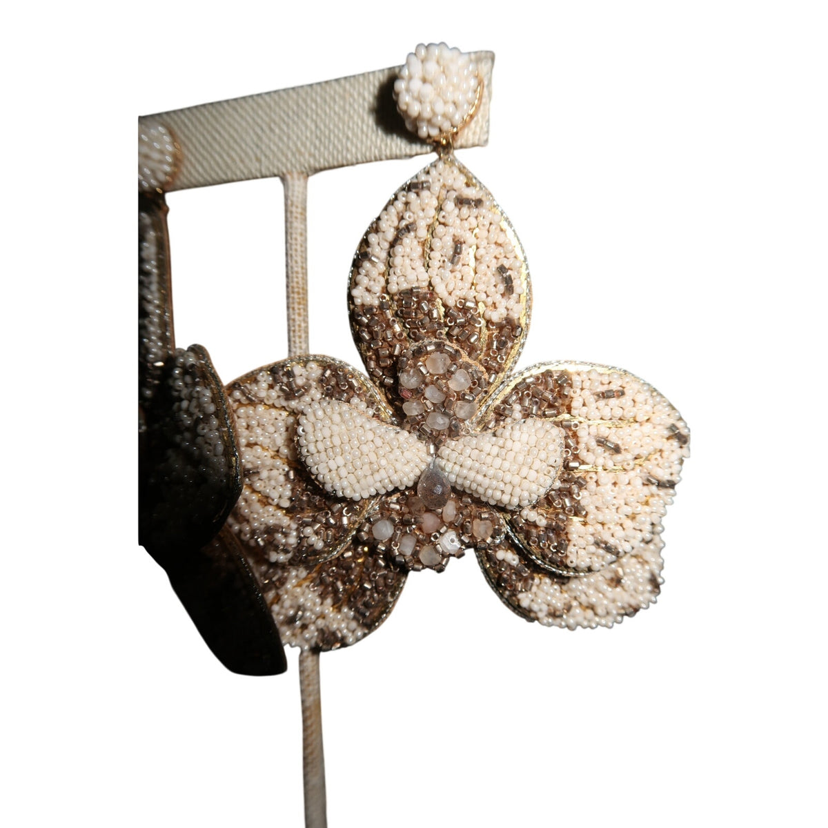 Deepa Gurnani Flower Beaded Dangle Earrings Ivory Gold Bronze Statement