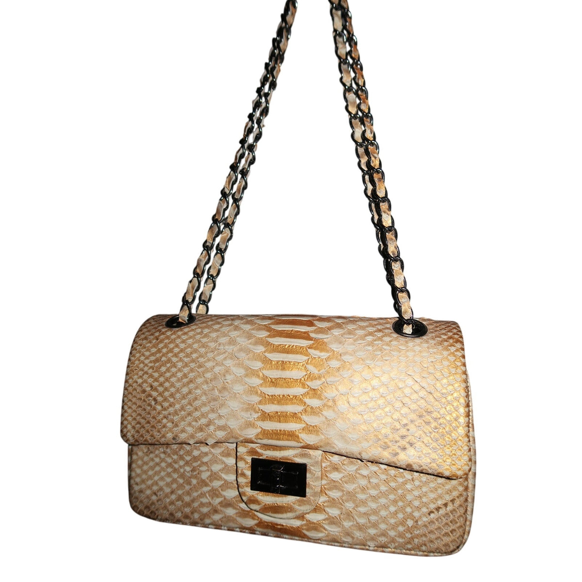 Toya Tan Gold Cream Python Snake Skin Designer Chain Shoulder Bag