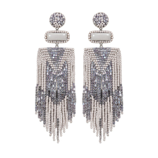 Deepa Gurnani Jody Earrings Light Gray Beaded Chandelier Fringe