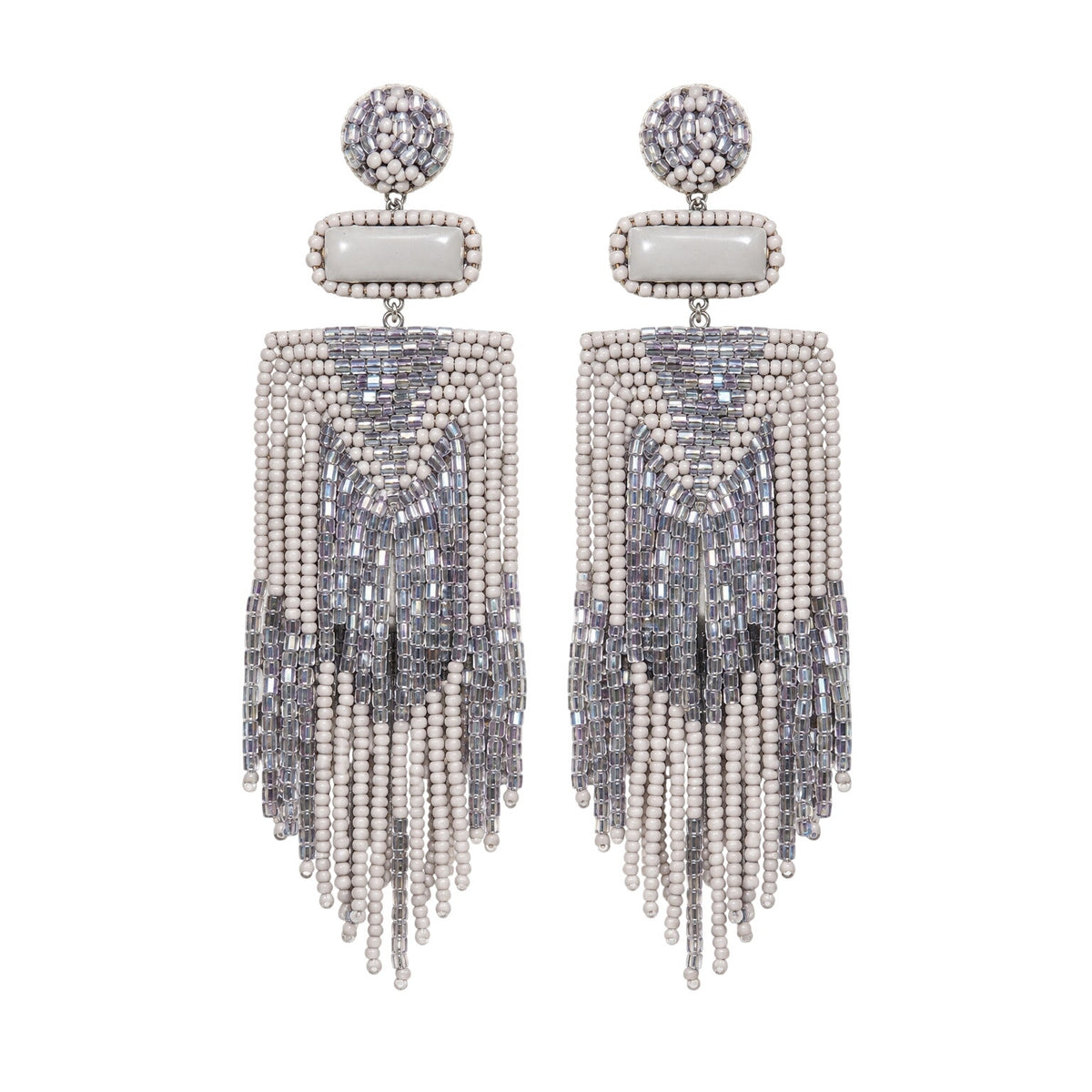 Deepa Gurnani Jody Earrings Light Gray Beaded Chandelier Fringe
