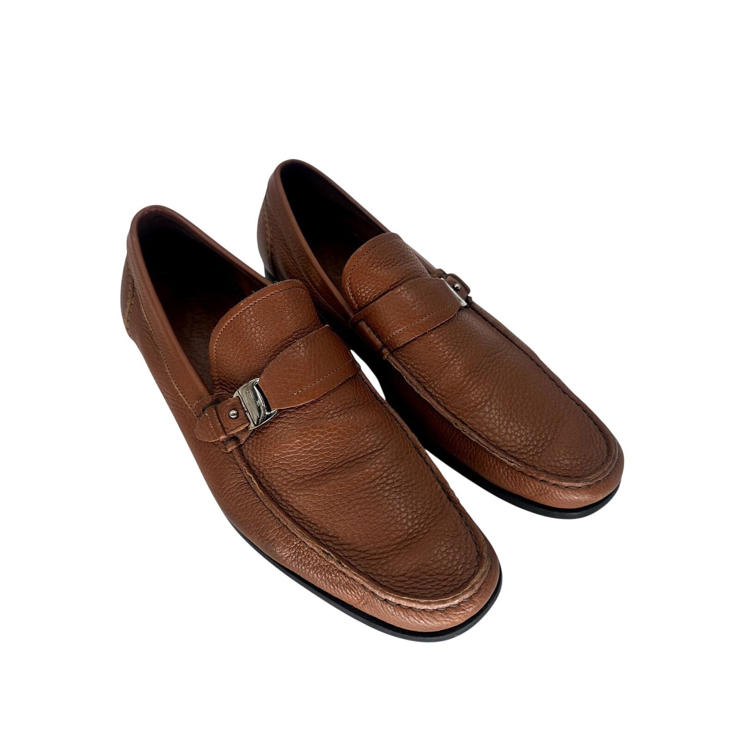 Salvatore Ferragamo Gancini Pebbled Leather Loafers Brown Men's Size 12 D
