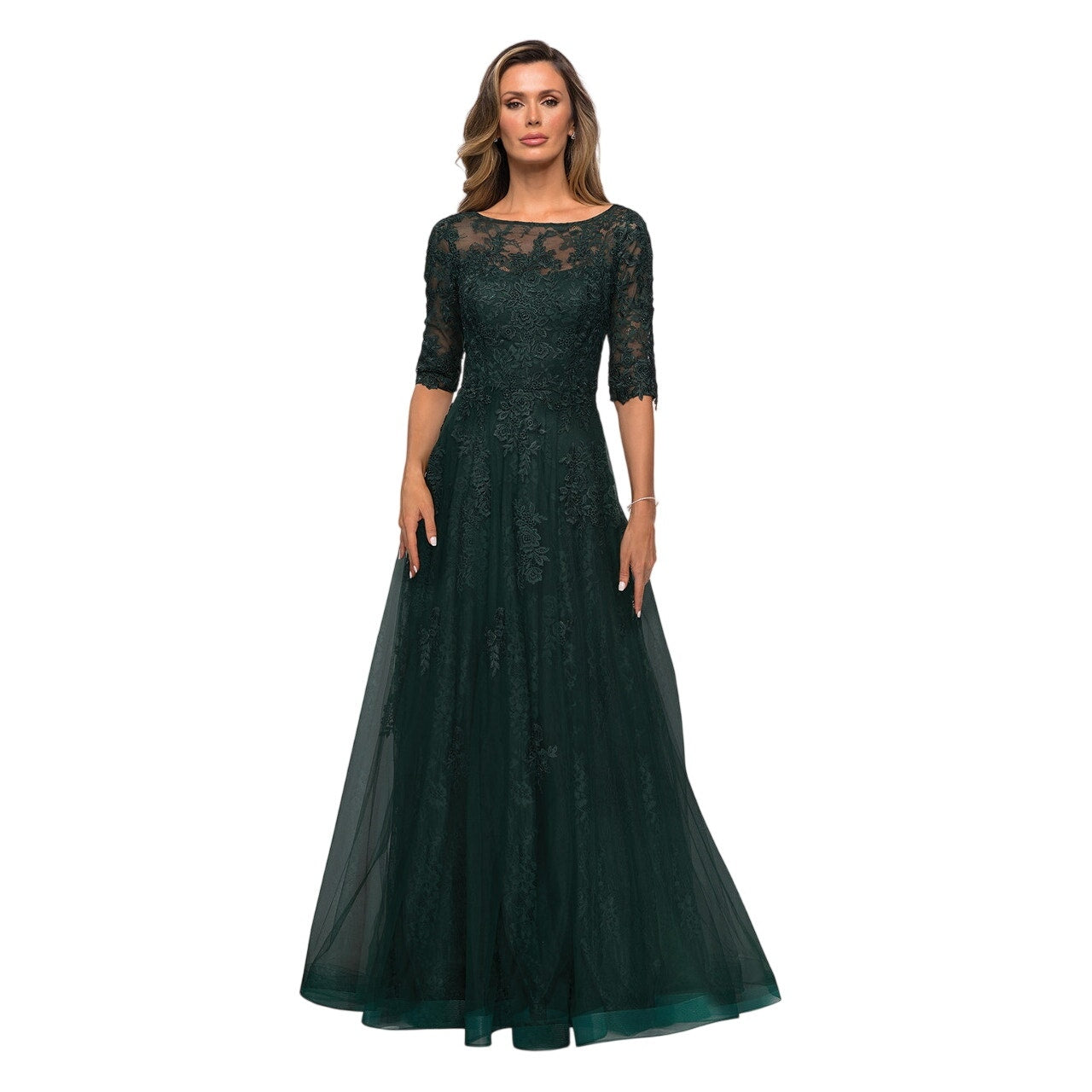 La Femme Floral Lace Illusion A-Line Formal Maxi Gown