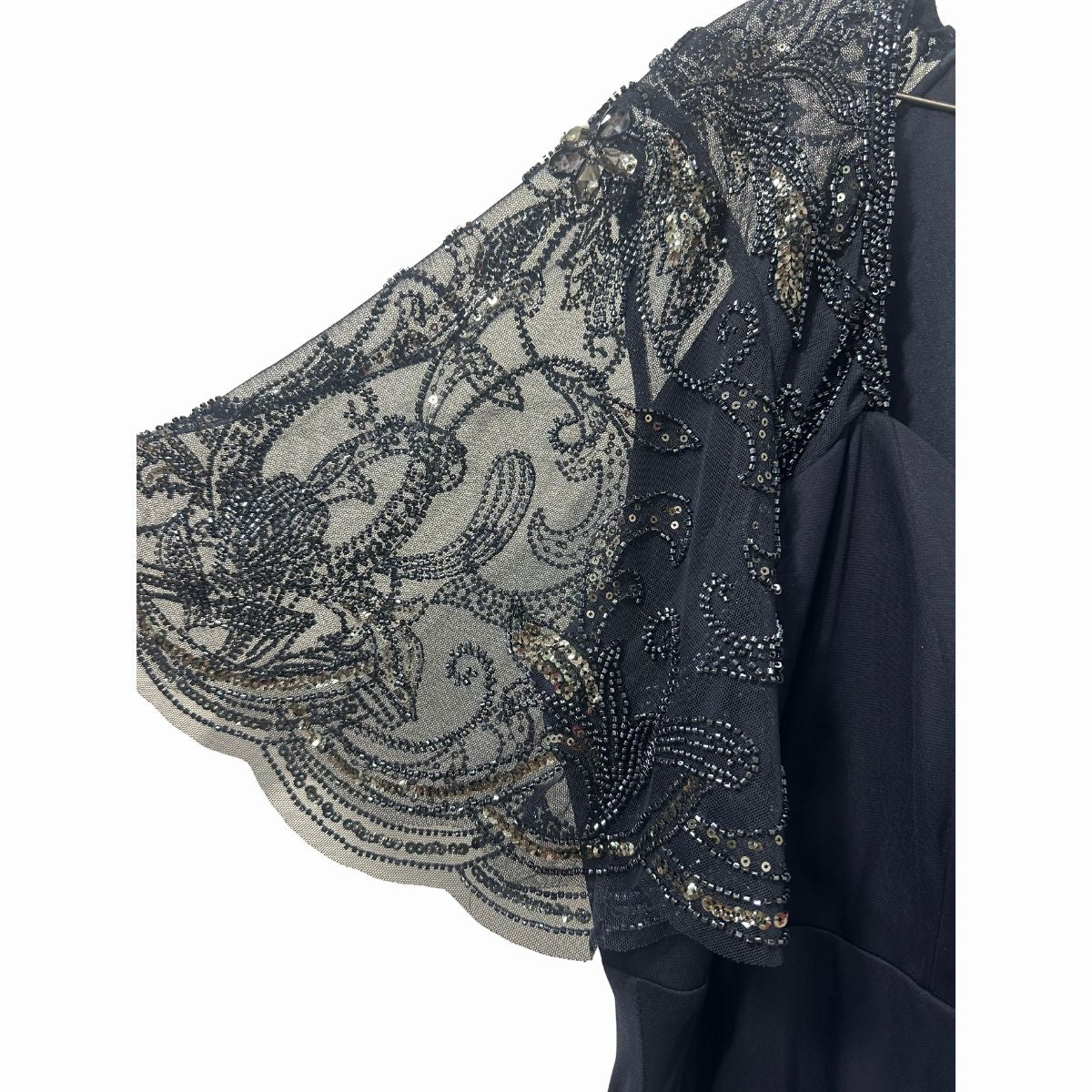 Xscape  Sheer Sequin Beaded Sleeve Ruched Jersey Maxi Dress
