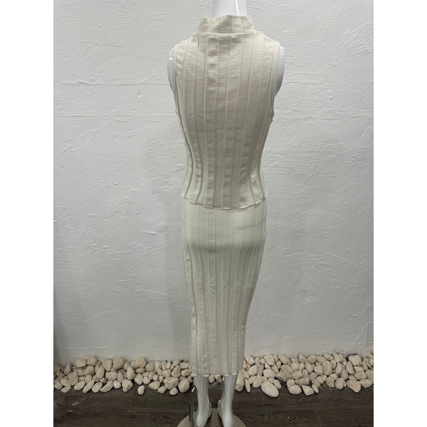 Stateside Cotton Knit Box Pleat Mock Neck Top Midi Skirt Set