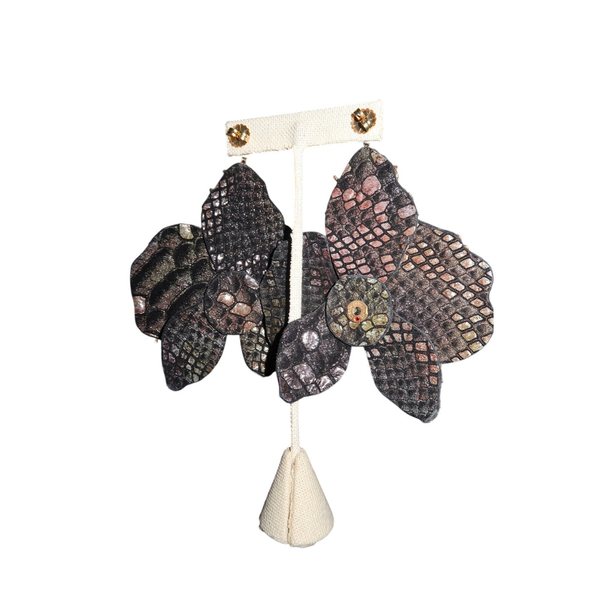 Deepa Gurnani Beaded Orchid Statement Earrings Black Gold Bronze Embroidered OS