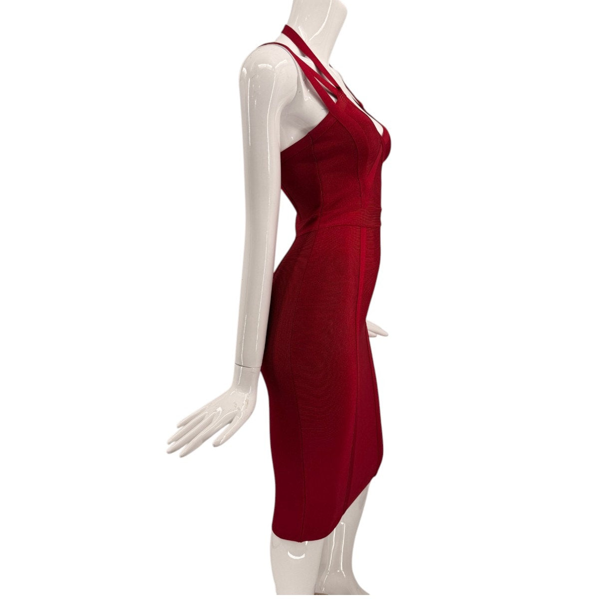 Bebe Red Bandage Halter Strappy V-Neck Bodycon Midi Dress Women's Size Small
