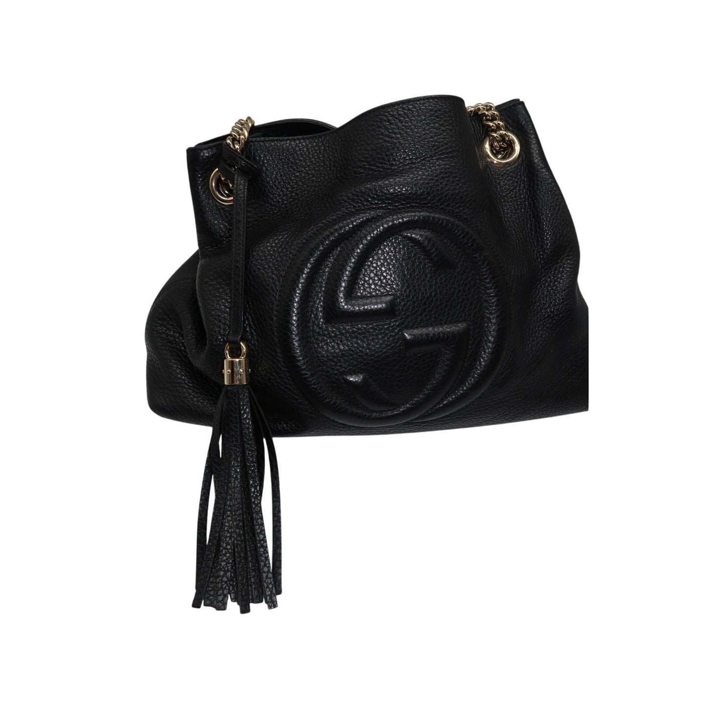 Gucci Soho GG Logo Chain Strap Shoulder Bag Black Pebbled Leather