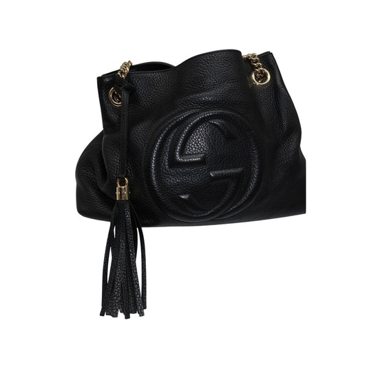 Gucci Soho GG Logo Chain Strap Shoulder Bag Black Pebbled Leather