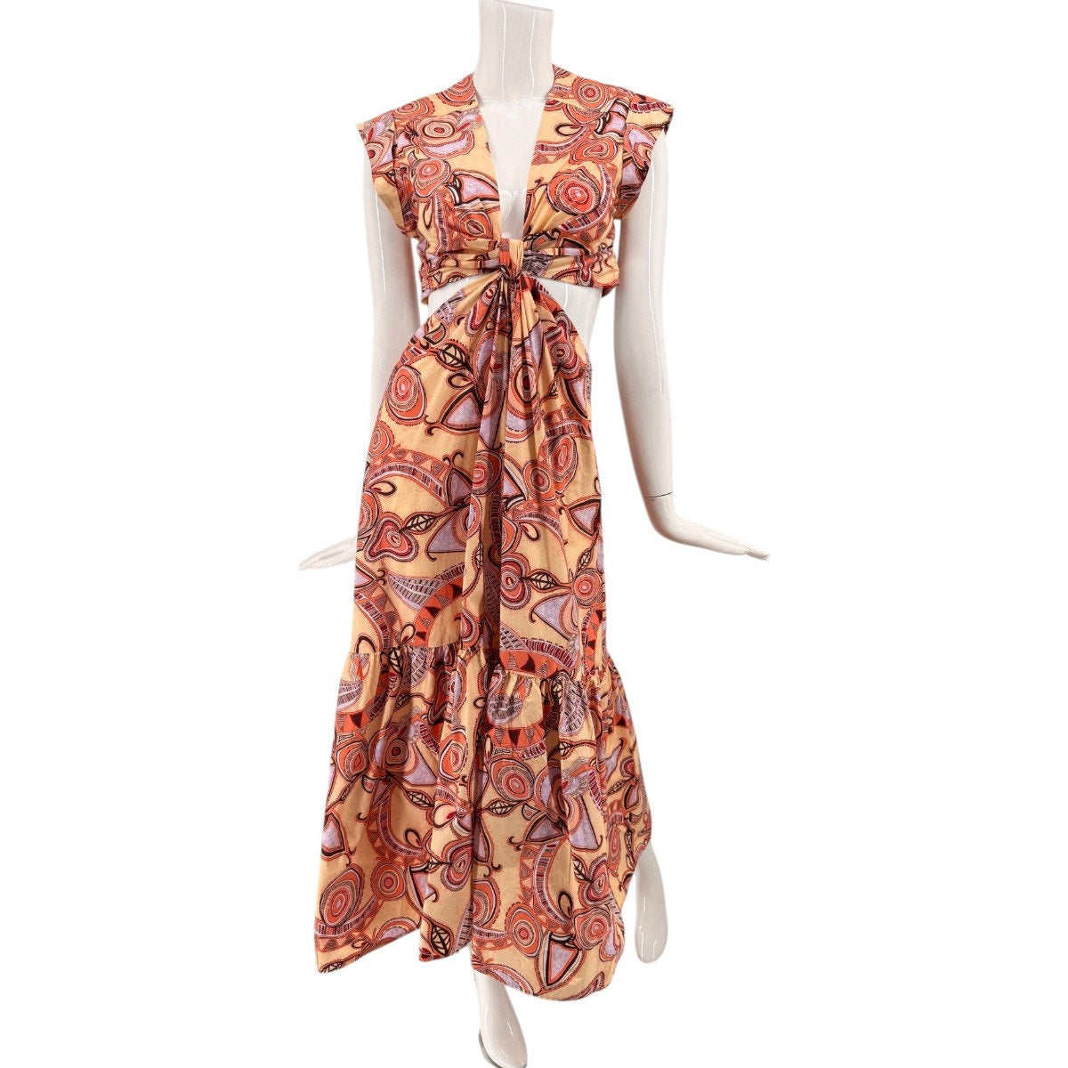 A.L.C. Cotton Blend Abstract Print V-Neck Cut Out Maxi Dress