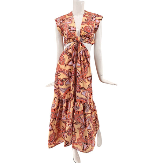 A.L.C. Cotton Blend Abstract Print V-Neck Cut Out Maxi Dress