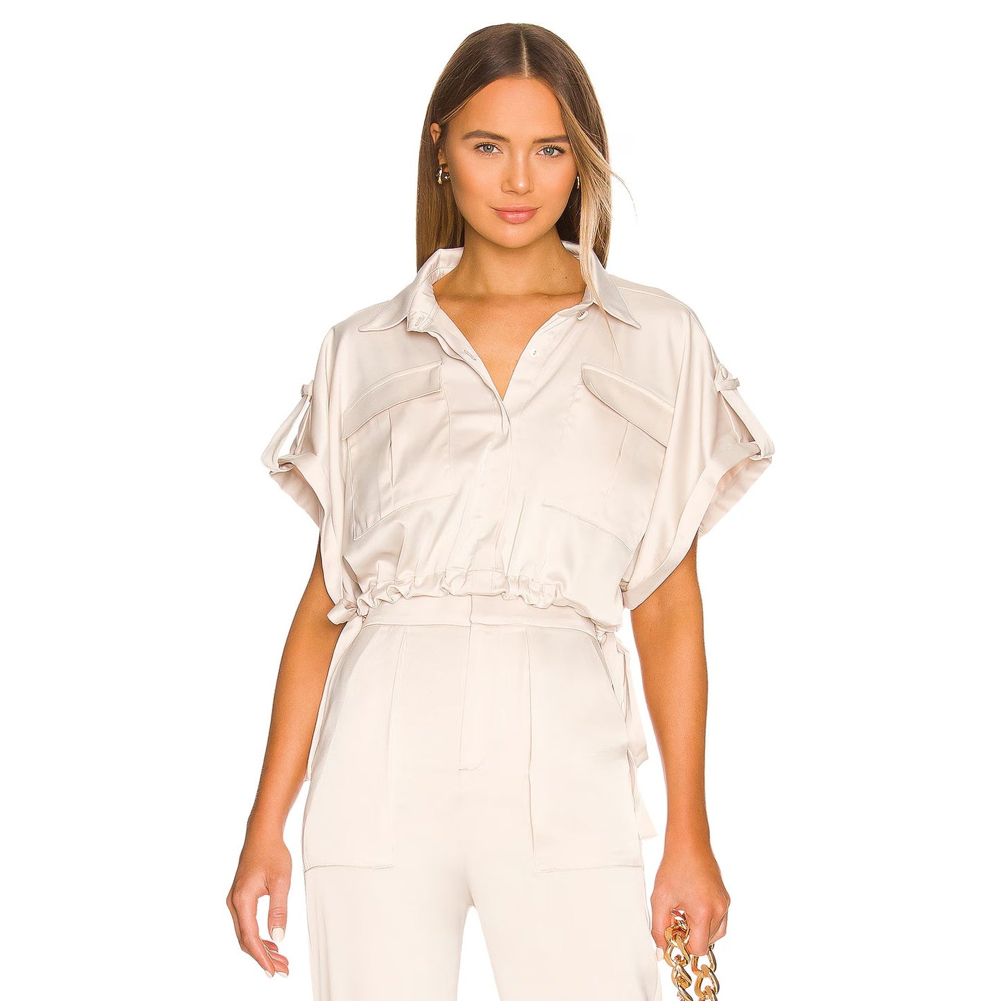 NonChalant Label Collared Crop Top Tapered Cargo Pants Beige Women's Size S/M