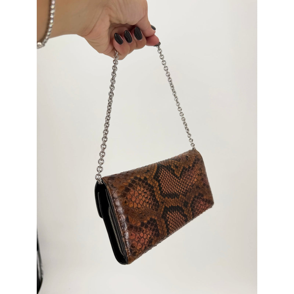 Gucci Python Snakeskin Flap Wallet Brown Silver Turnlock