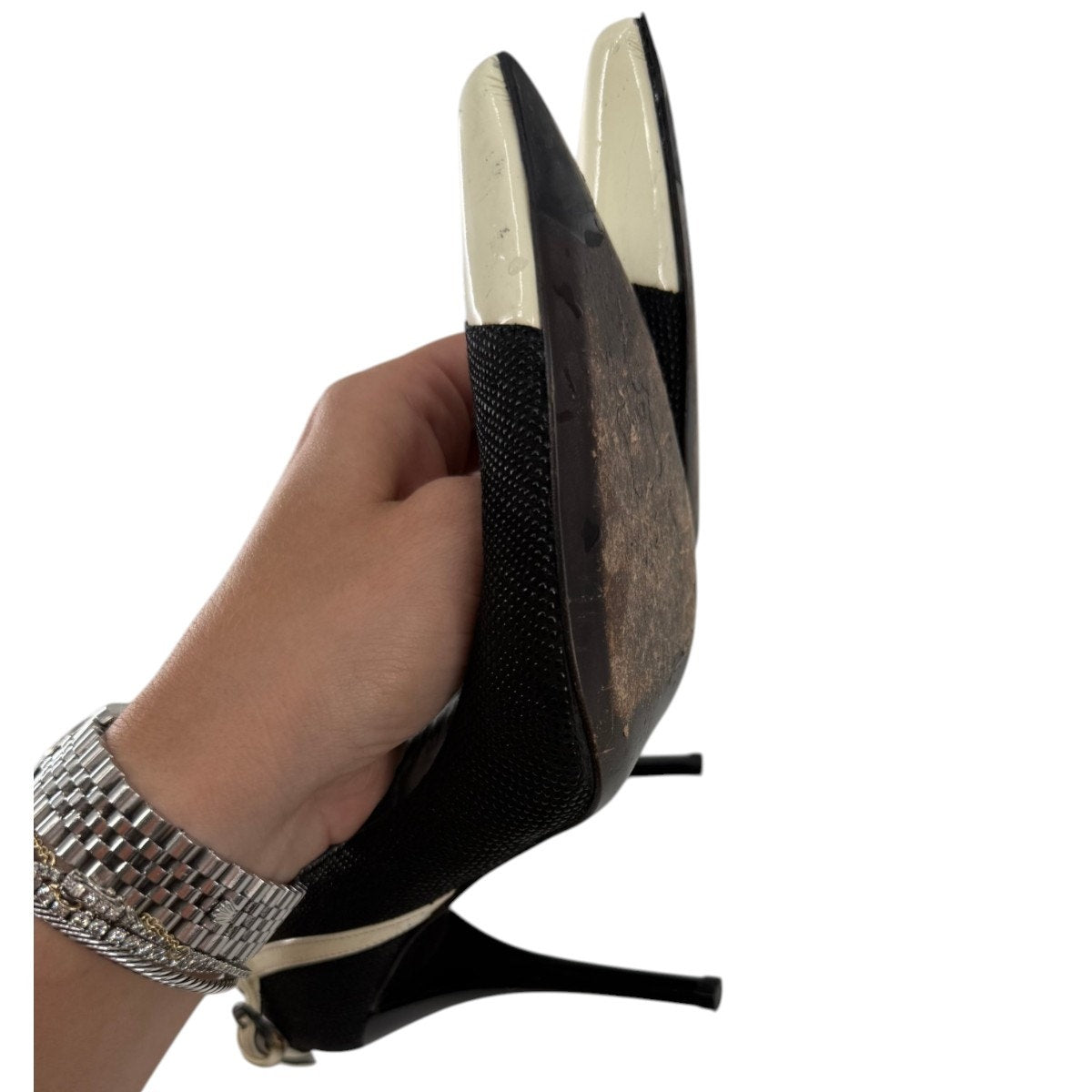 Stuart Weitzman Black & Ivory Pointed Toe Pumps Slip On Heels Women's Size 6.5M