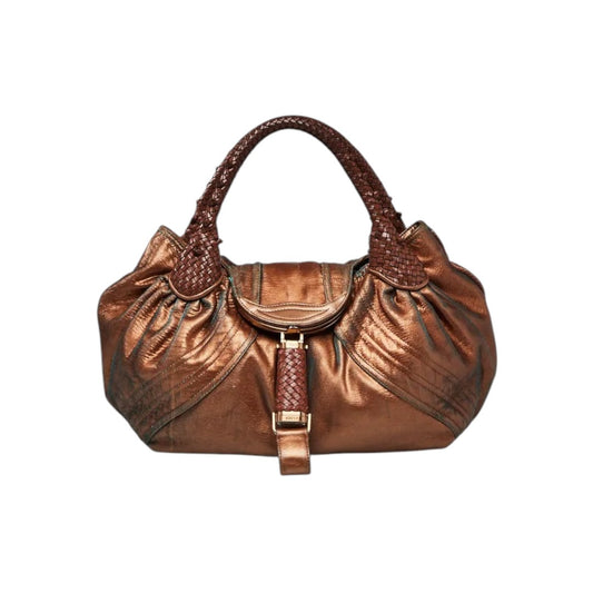 Fendi Holographic Fortuny Leather Woven Top Handle Large Spy Bag Metallic Copper