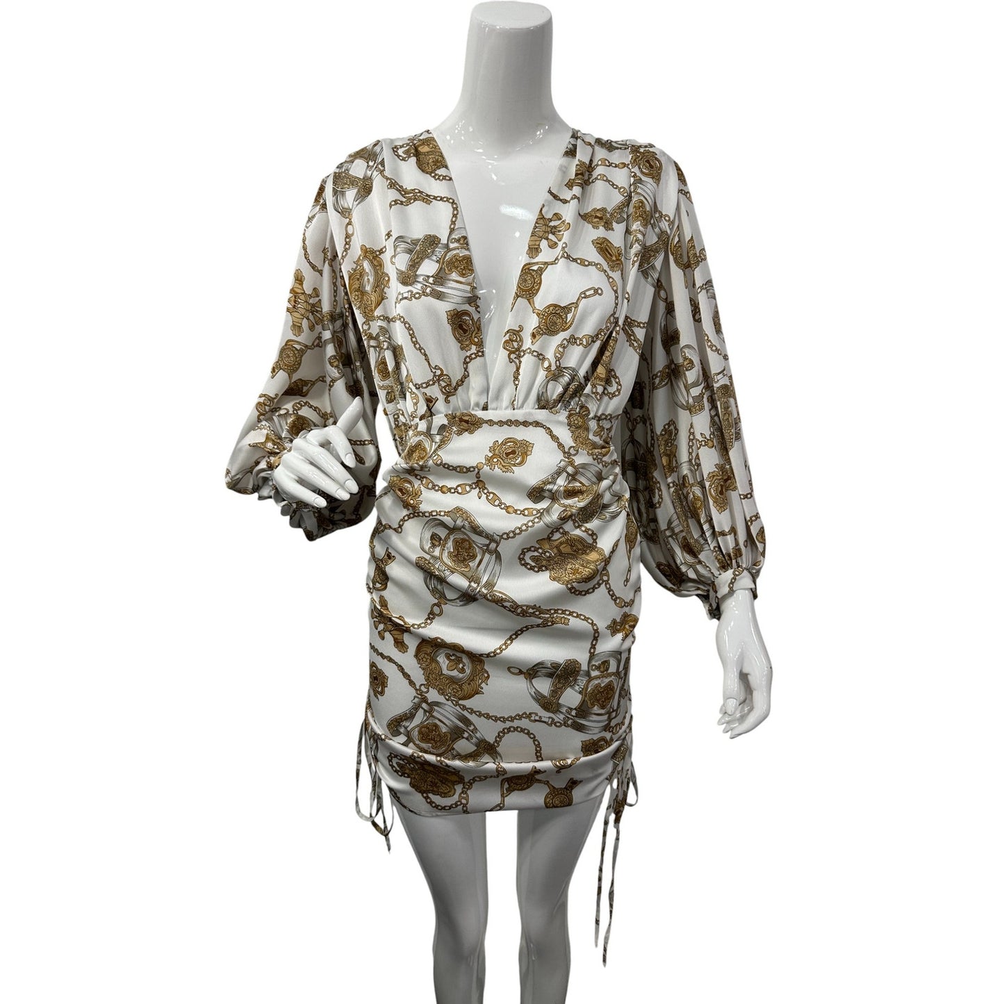 Bronx and Banco Chain Print V-Neck Puff Sleeve Mini Dress Women's