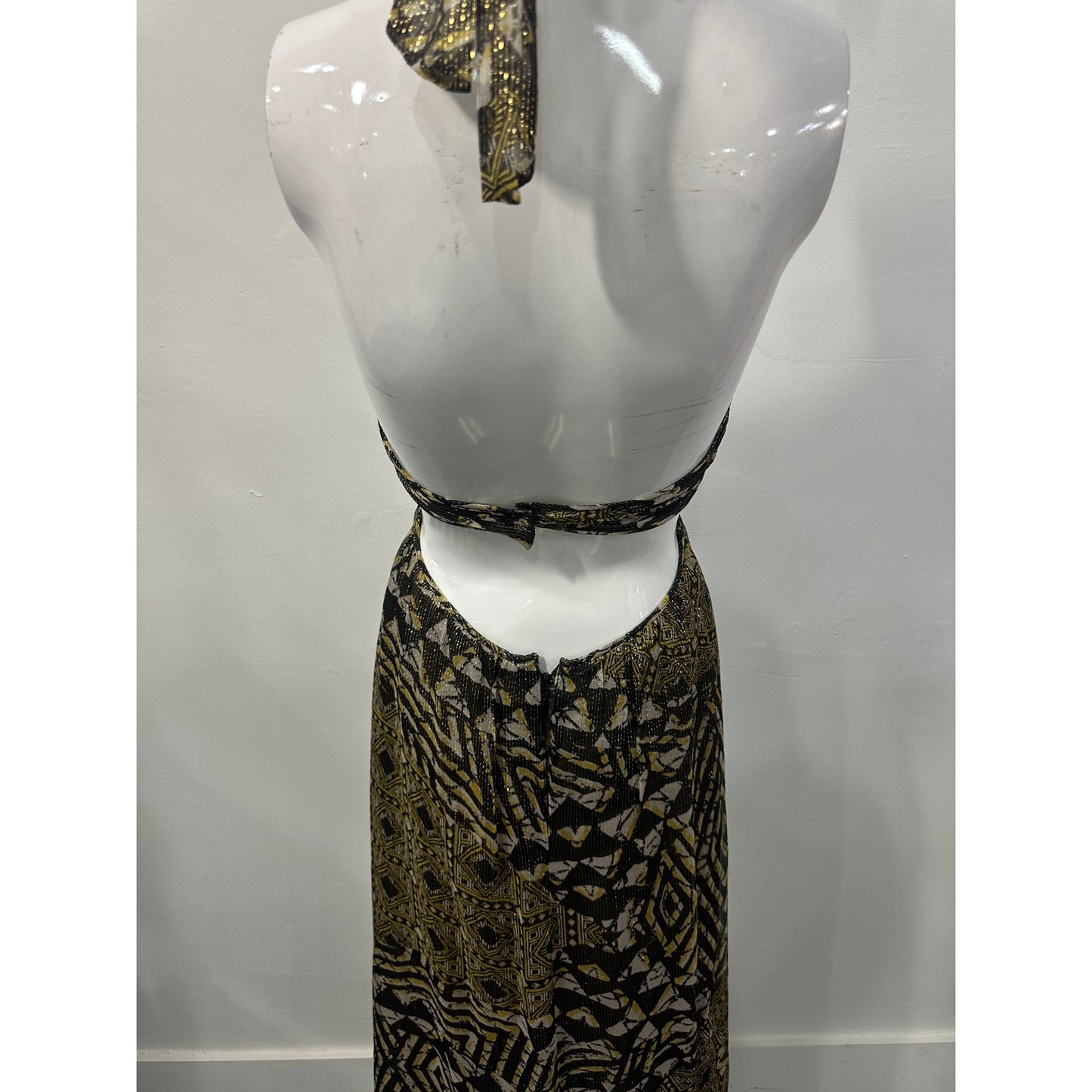 BCBGMAXAZRIA Silk Blend Printed Rhinestone Accent Halter Maxi Dress Green Size 0