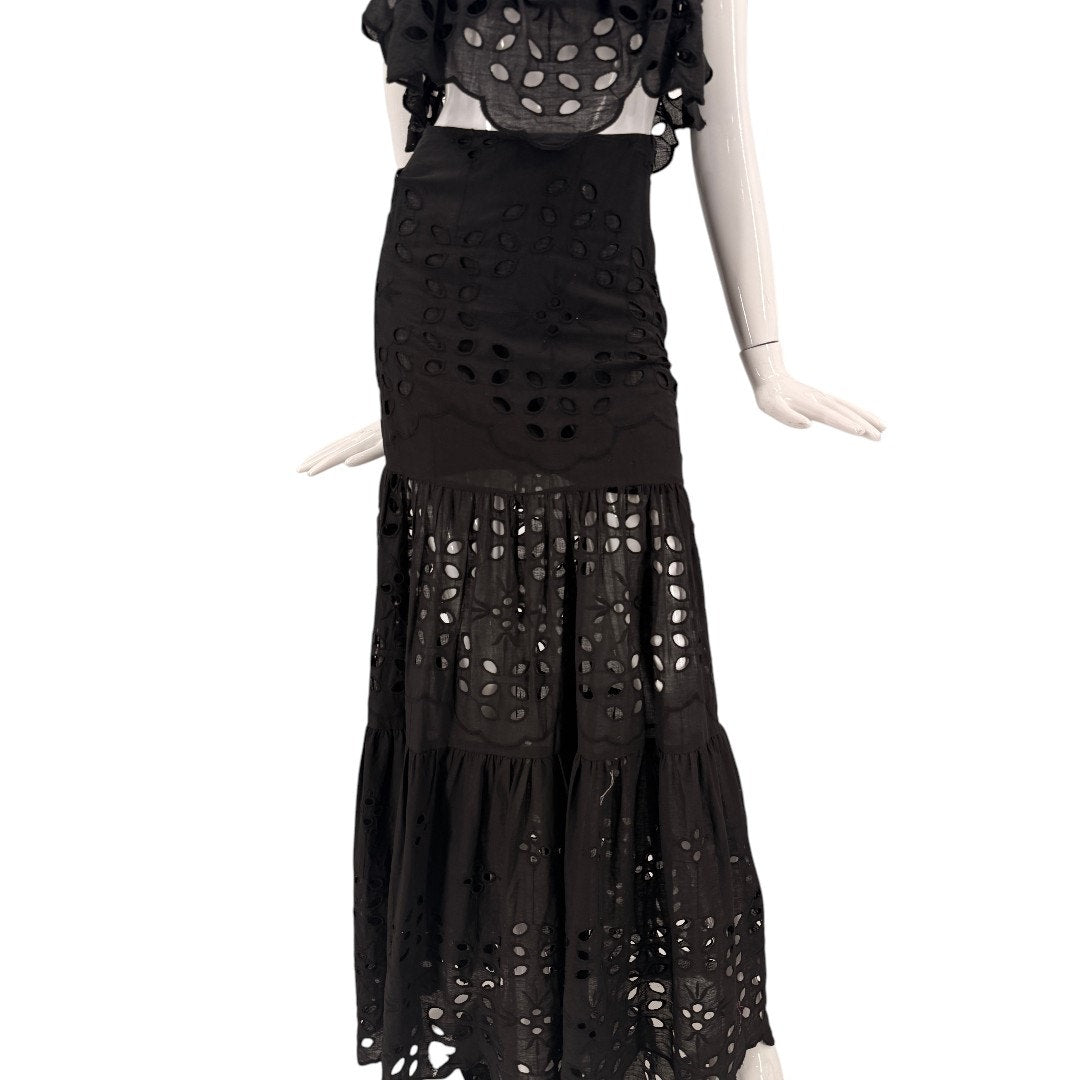 Luxxel Palm Chains Eyelet Embroidered Two Piece Maxi Skirt Set Black Women's S