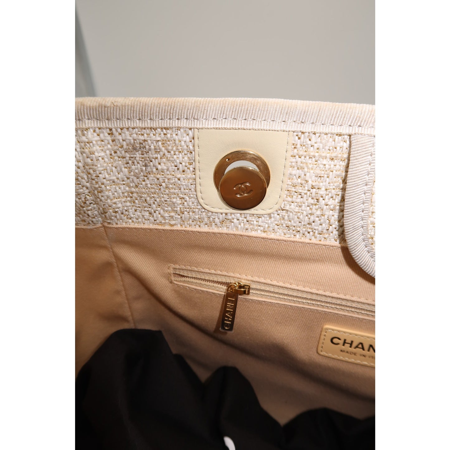 Chanel Raffia Deauville Glitter Logo Accent Tote Bag