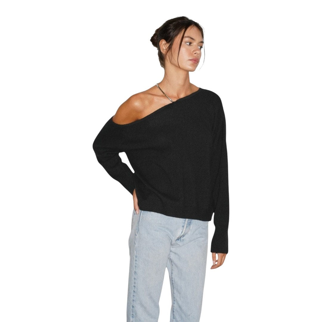 LNA Black Lorenzo Cashmere Knit Long Sleeve Off-Shoulder Sweater  Women's