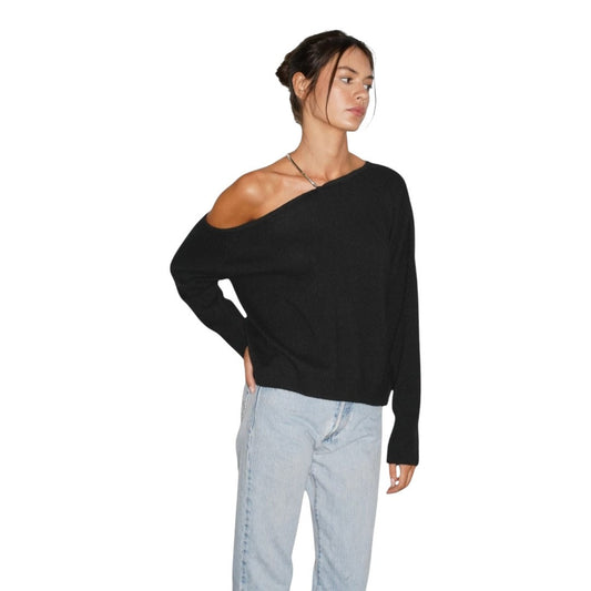 LNA Black Lorenzo Cashmere Knit Long Sleeve Off-Shoulder Sweater  Women's