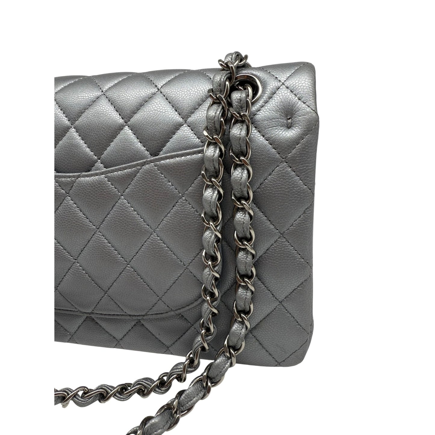 Chanel Leather Quilted Classic Double Flap CC Logo Medium Crossbody Bag Silver