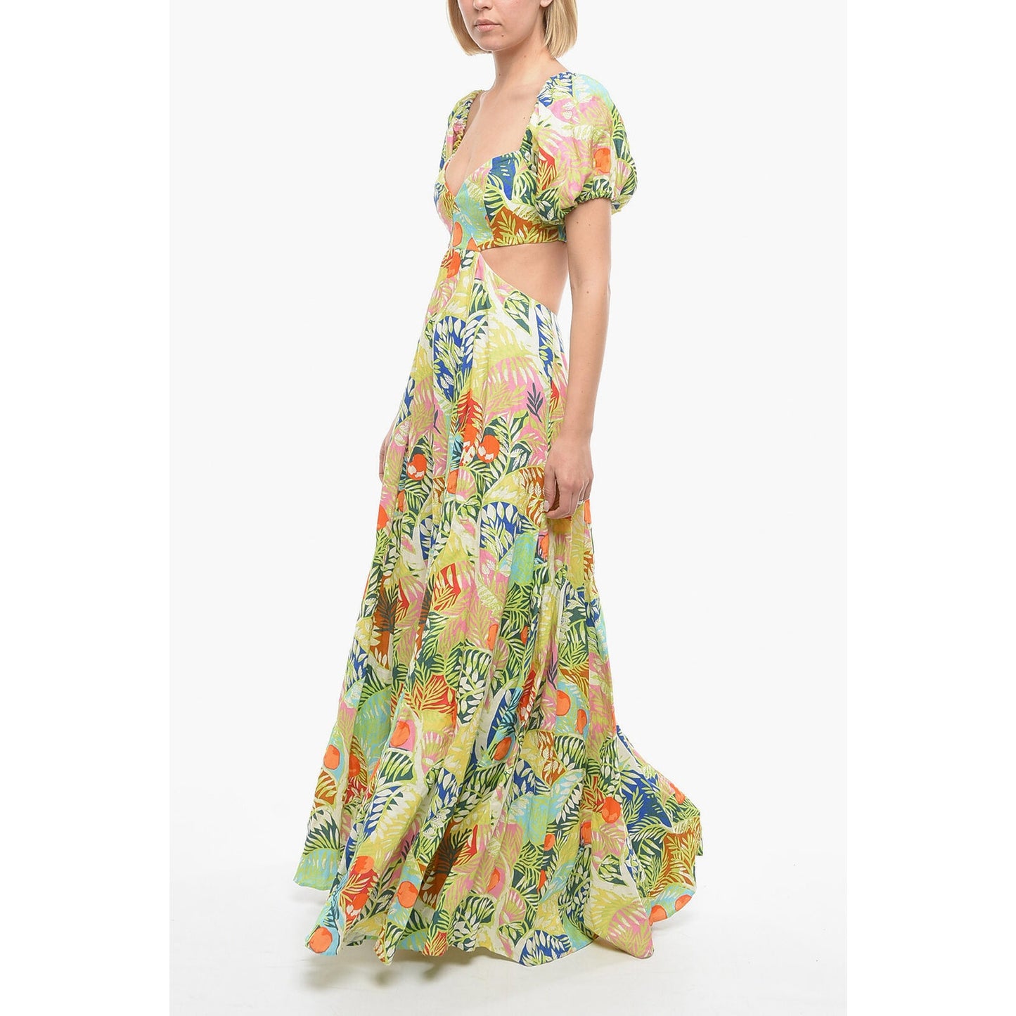 Staud Linen Plant Motif Puff Sleeve Cut-Out Coliseum Maxi Dress