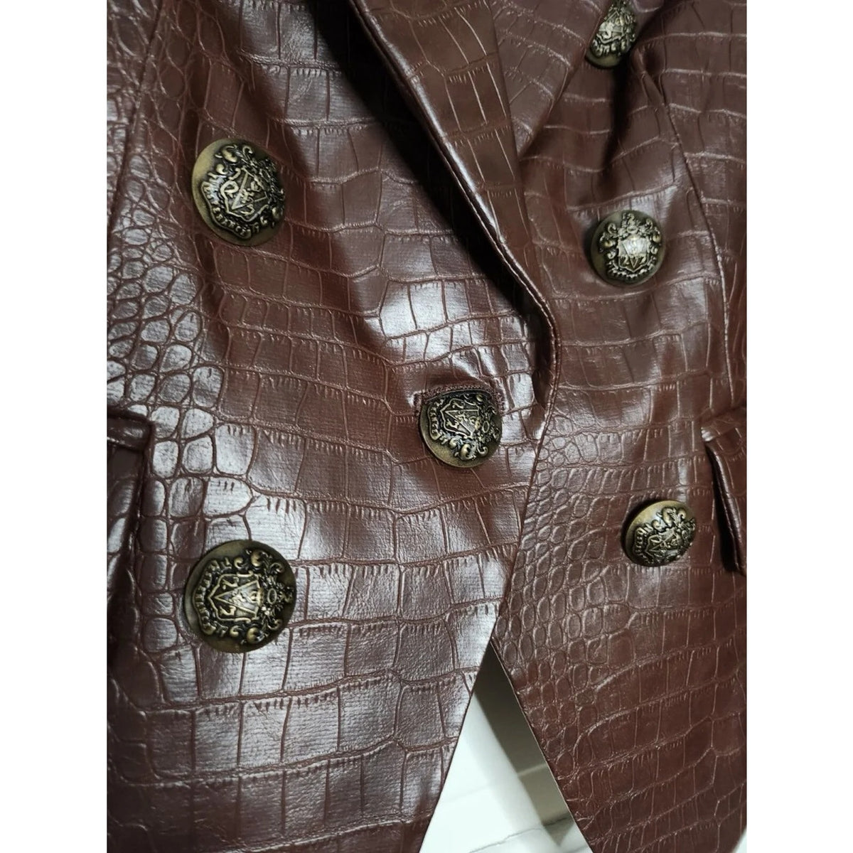 Veronica Beard Brown Croc-Embossed Double-Breasted Vegan Leather Blazer Size 0